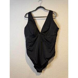 Swim by Cacique Womens Plus Size 22 Black V-Neck One Piece Swimsuit Ruched Waist